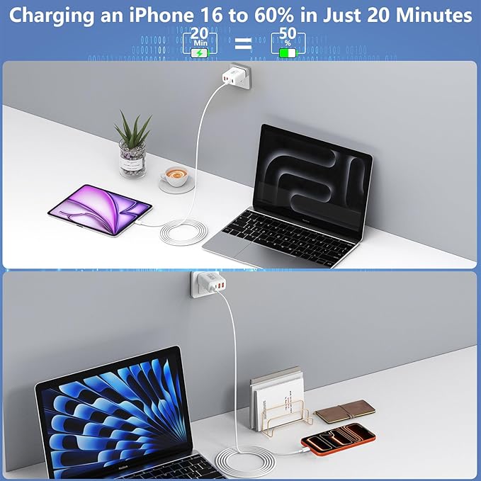 USB C Charger Block, LANWK 2Pack 60W 4Port USB C Wall Chargers Dynamic Power Adapter Dual PD&QC Type C Fast Charging Brick USB-A Charger for iPhone 17 17 Pro Max 16 15 14 13 12 11/Galaxy S26/S25/Pixel