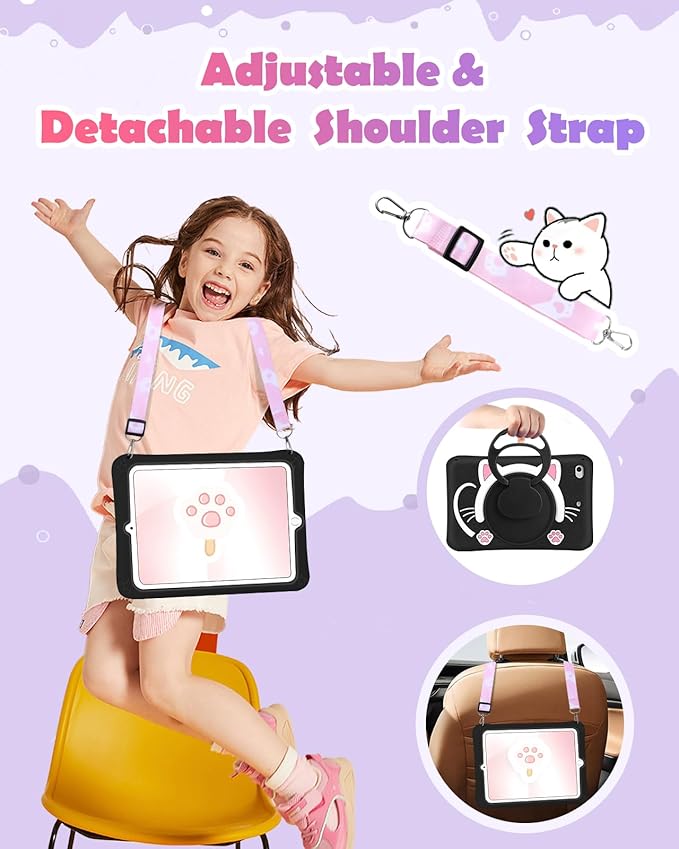 Wazzasoft for iPad mini 4/5 Case 7.9 Inch Girls Cute Black Cat Cover Kawaii Girly 3D Cartoon Women Kitten with Rotating Handle Stand & Strap Soft Silicone Funda for Apple iPad mini 5th/4th Gen Cases