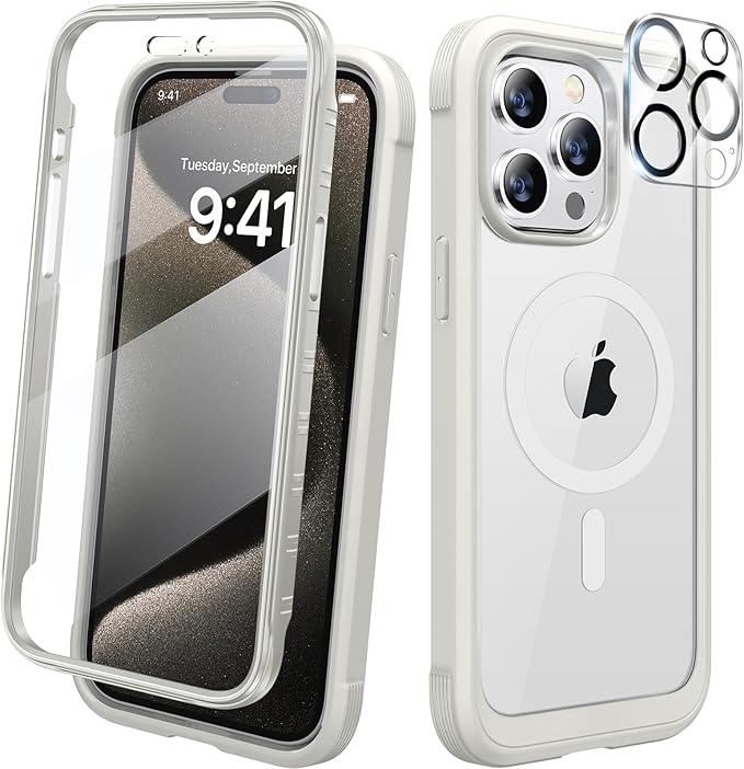 Diaclara Magnetic for iPhone 15 Pro Case, [Military-Grade Drop Proof & Fit for MagSafe] Built-in Shockproof Screen Protector, [Camera Lens Protector] Phone Cover for iPhone 15 Pro 6.1"(White)