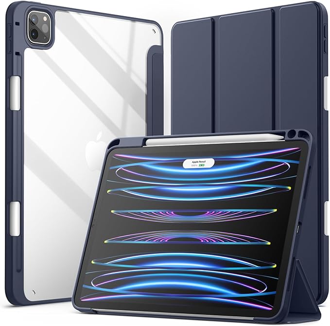 JETech Case ONLY for iPad Pro 11 Inch (2022/2021/2020/2018) with Pencil Holder, Clear Transparent Back Shell Slim Stand Shockproof Tablet Cover, Auto Wake/Sleep (Deep Navy)