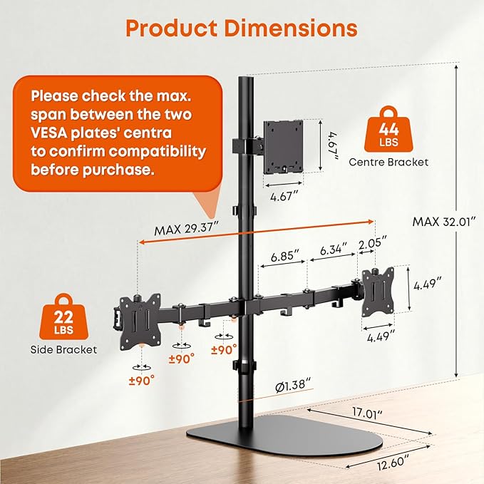 PUTORSEN Freestanding Triple Monitor Mount - Holds 49" Ultrawide Center & 32" Side Screens, 44 lbs Capacity, Extra Tall Pole, VESA 75/100