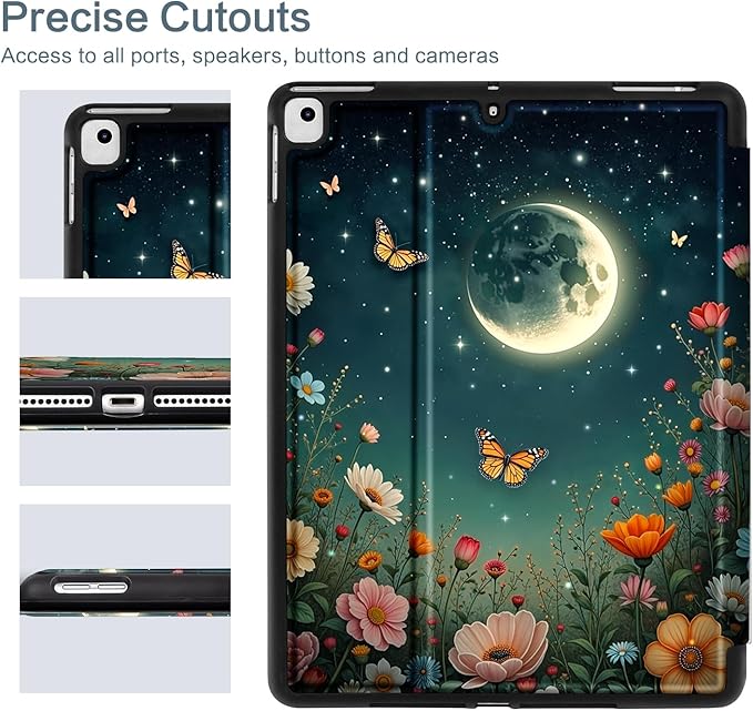 Vimorco Case for iPad Air 3rd 2019, for iPad Pro 10.5 inch 2017/2019, for iPad 9th/8th/7th Generation 10.2 inch,4 Viewing Angles,Pencil Holder,Full Protective Cover,Auto Sleep/Wake,Black Moon Flowers