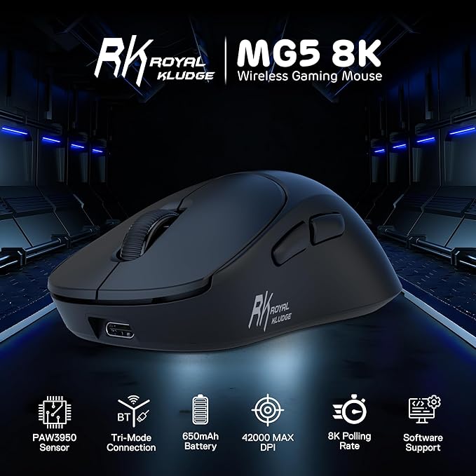 RK ROYAL KLUDGE MG5 8K Wireless Gaming Mouse, 42K DPI PAW3950 Sensor, 56g Lightweight Ergonomic Mouse, Dual 8000Hz Polling Rate, Tri-Mode 2.4G/BT/USB-C, Programmable Web Drive for PC Win/Mac