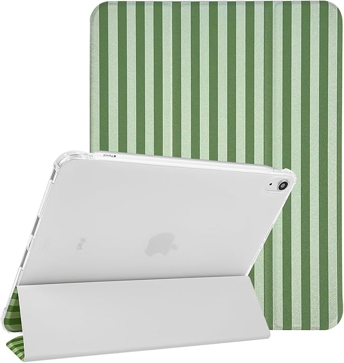 Lovmooful Compatible for iPad Air 6th 11-inch M2 (2024),iPad Air 5/4 (2022/2020 5th/4th Generation 10.9-Inch) Case with Pencil Holder Cute Striped Design Soft TPU Trifold Stand Protective-Dark Green