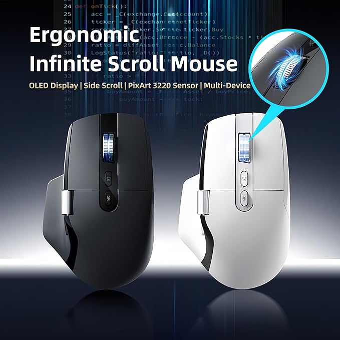 Ergonomic Wireless Mouse with Infinite Scroll & Side Scroll Wheel, Bluetooth & 2.4G Rechargeable Office Mouse, 5-Device Multi-Connection, OLED Display, PixArt 3220 Sensor for Laptop PC Mac(Black)