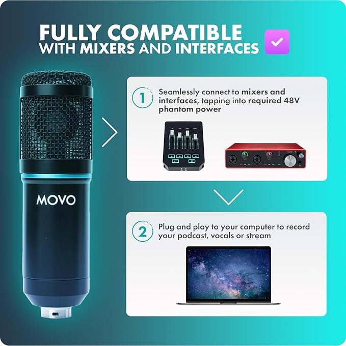Movo PC-M6 Universal Cardioid Condenser Microphone Bundle with Tabletop Mic Stand, Dual Layer Pop Filter, and Audio Cables - Great Studio Equipment Kit with Perfect Singing Microphone for Recording