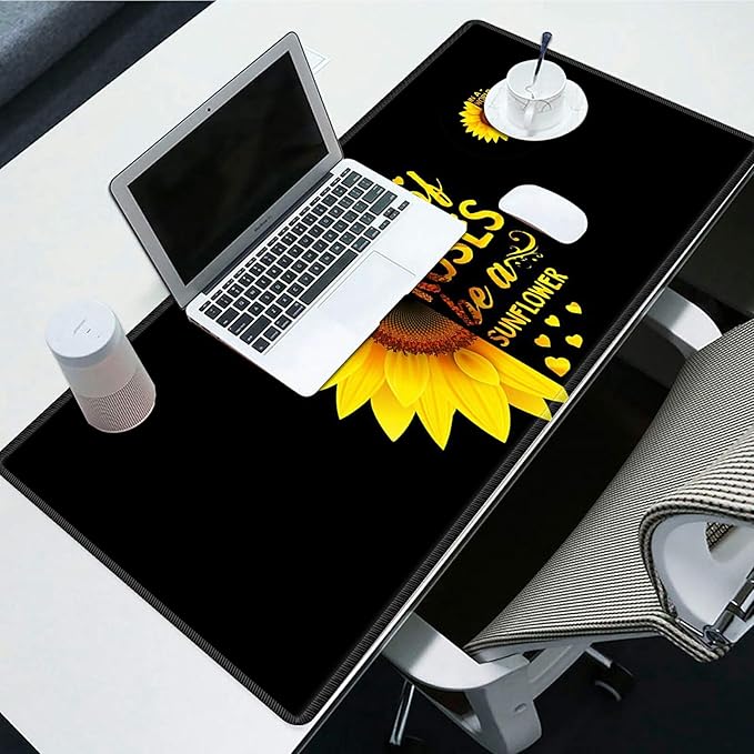 Desk Pad Mat Large Mouse Pad XL Extended Mousepad Gaming with Sunflower Black 31.5" *11.8" Huge Mouse Pads for Computer Laptop Home Office + Cup Coaster
