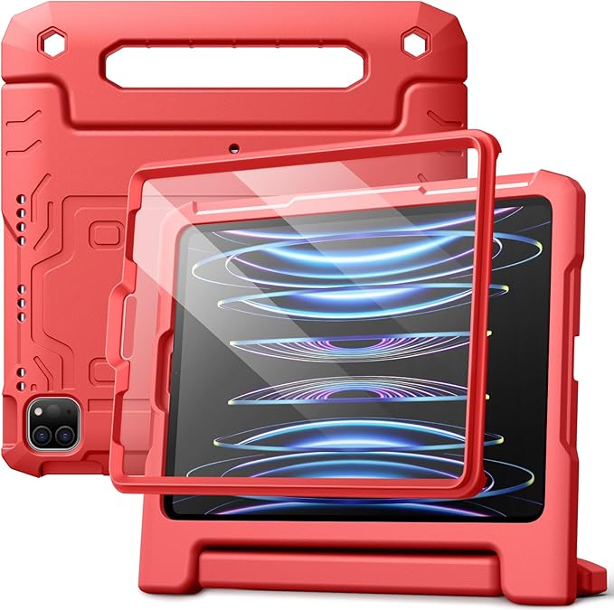 JETech Kids Case for iPad Pro 11 Inch (2022/2021/2020/2018 Model), iPad Air 5/4 (10.9-Inch) with Built-in Screen Protector, Shockproof Full-Body Handle Stand Tablet Protective Cover (Red)