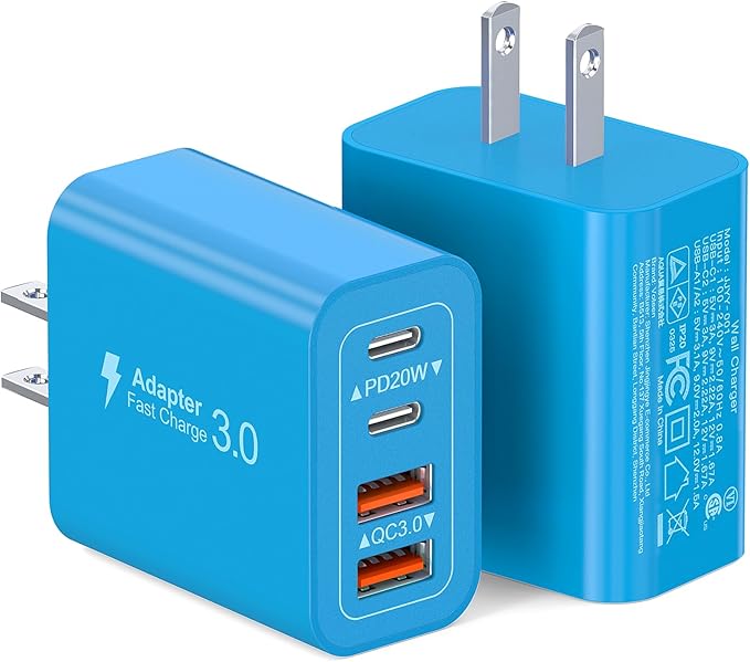 [2-Pack] 40W USB C Charger Block, 4-Port Type C Fast Charging Brick Dual PD&QC Wall Plug Adapter Power Brick for iPhone 13/14/15/16/17/Pro Max Plus/iPad/Airpods/iwatch/Samsung Galaxy (Light Blue)