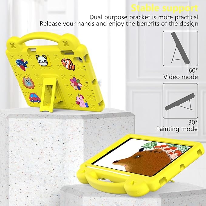 Dteck Kids Case for iPad 9.7 Inch 6th/5th Gen 2018/2017 & iPad Air 2/1 & iPad Pro 9.7 2016,Cartoon Panda Shockproof Rugged Lightweight Pencil Holder Convertible Handles Stand Kids Friendly Case,Yellow