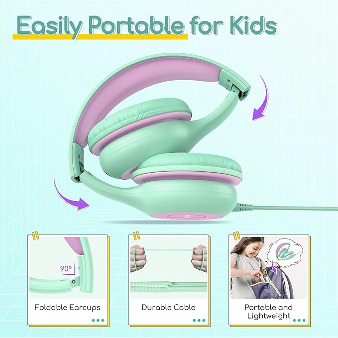 EarFun Kids Headphones Wired with Microphone, 85/94dB Volume Limit Headphones for Kids, Portable Wired Headphone with Shareport, Stereo Sound Foldable Headset for School/Tablet/iPad, Green Violet