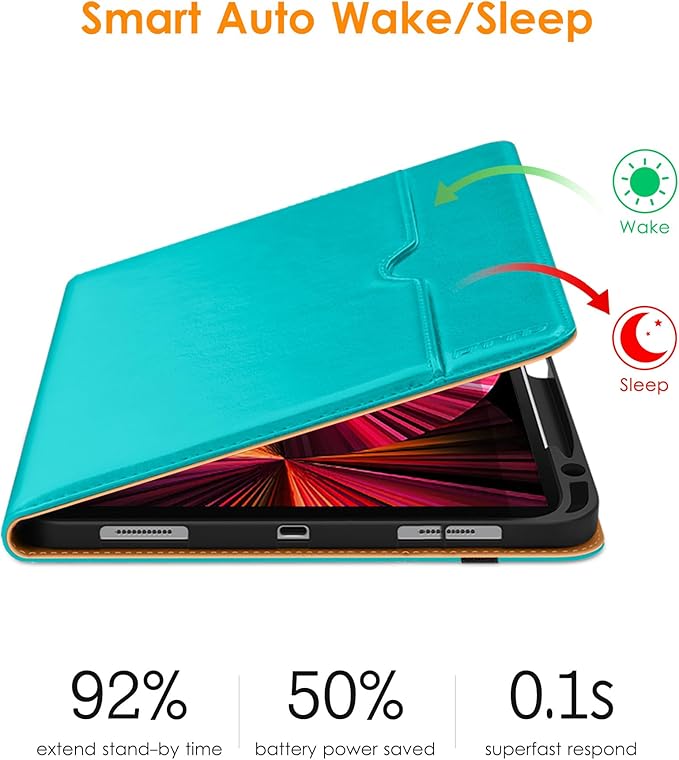 DTTO Case for iPad Pro 11 Inch 4th / 3rd / 2nd / 1st Generation 2022/2021/2020/2018,Premium PU Leather Folio Stand Cover with Hand Strap, Auto Wake/Sleep,Multiple Viewing Angles, Cyan Blue