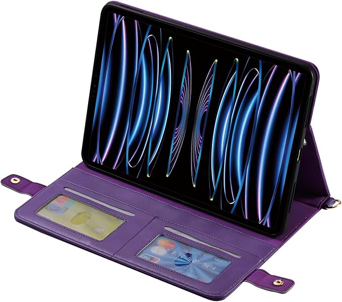 Handbag Case for iPad Air 13" & Pro 12.9" 2018-2022, Techcircle PU Leather Folio Stand iPad Crossbody Wallet Case with Pencil Pocket, Card Slots, Hand Strap+Shoulder Strap, Purple