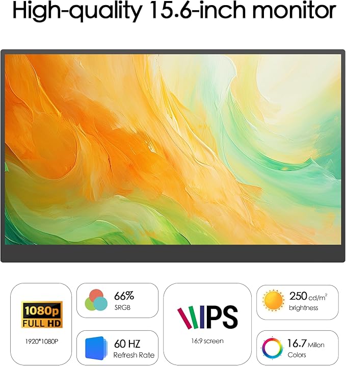 15.6 Inch Portable Monitor Ultra Slim Full HD 1080p IPS Travel Monitor, USB C Plug&Play Portable HDMI Second Screen for Laptop Mac Phone Xbox Switch