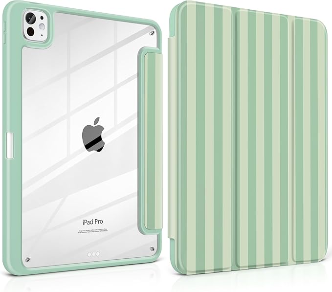 Case for iPad Pro 11 Inch (M5 2025 M4 2024) – [Built-in Pencil Holder], Shockproof & Stylish, Clear Hard Back + Soft TPU Edge, Magnetic Trifold Stand, Auto Wake/Sleep, Green Striped