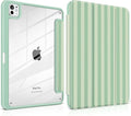 Case for iPad Pro 11 Inch (M5 2025 M4 2024) – [Built-in Pencil Holder], Shockproof & Stylish, Clear Hard Back + Soft TPU Edge, Magnetic Trifold Stand, Auto Wake/Sleep, Green Striped