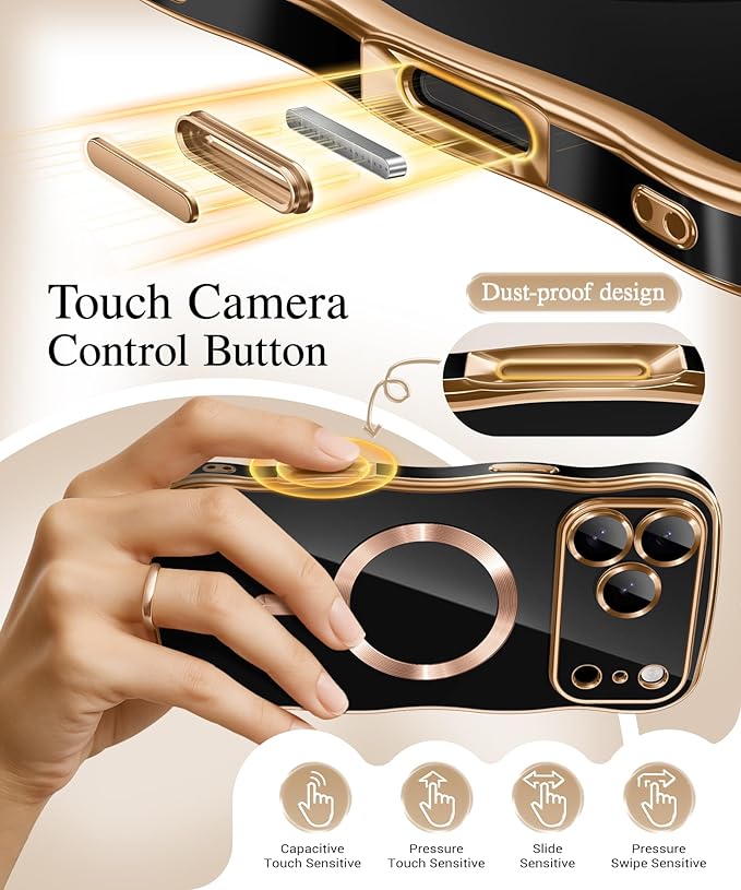 GVIEWIN for iPhone 17 Pro Max Case Compatible with MagSafe, Upgraded [Full Camera Protection][Cute Wave Frame][Military Grade Protection] Electroplated Hard Phone Cover for Women Girl,Glitter/Orange