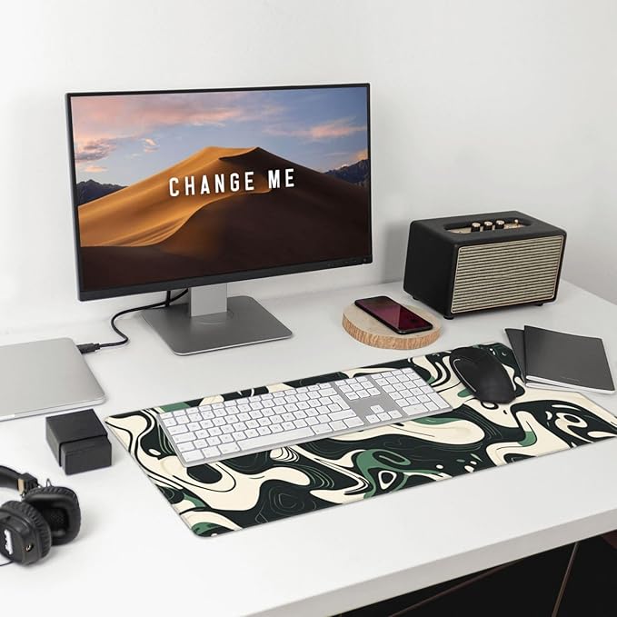 AQQA Abstract Topographic Map Green and White Pattern with Lines Gaming Mouse Pad Long XL Desk Mat for Desktop Mousepad with Non-Slip Base Stitched Edge Keyboard Mat for Office Home 31.5" x 15.7"