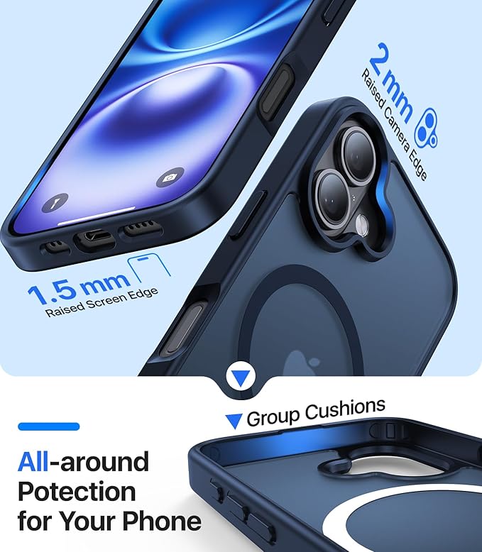 Magnetic for iPhone 16 Case, [Compatible with MagSafe][Military-Grade Drop Protection][Anti-Yellowing] Shockproof Protective Translucent Matte Cover for iPhone 16 Phone Case,Midnight Blue