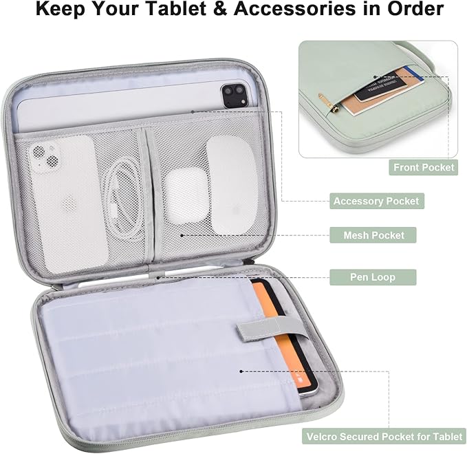 9-11 Inch Tablet Carrying Case, Padded Travel Sleeve Bag for iPad Pro 11-in (M4), iPad 10.9 (10th Gen), iPad Air 11-in (M2), Galaxy Tab S9/S8 (Mint Green-11)
