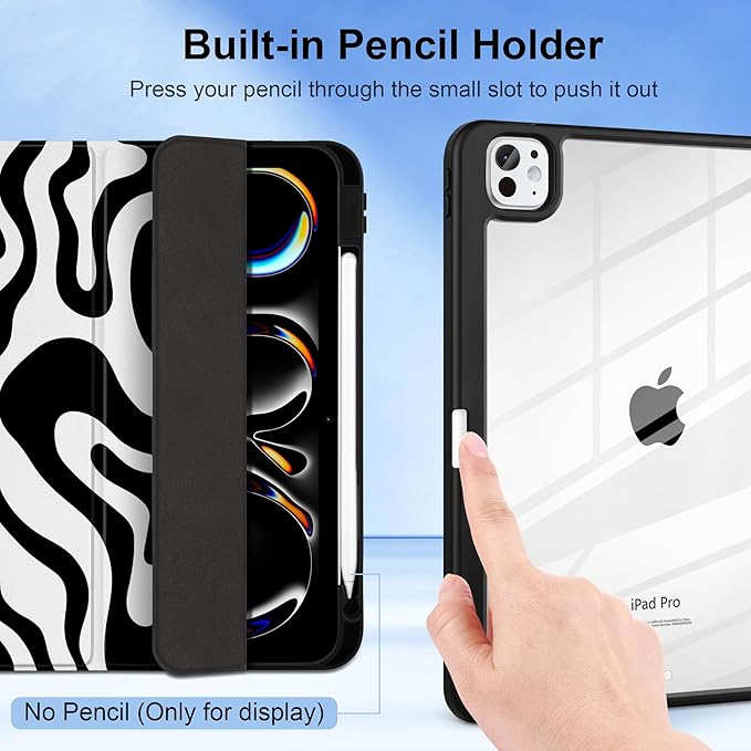 TWOLSKOO Case for iPad Pro 11-inch (M5 2025 / M4 2024), Clear Acrylic Back with TPU Bumper, Pencil Holder, Trifold Stand, Auto Sleep/Wake, Black Waves
