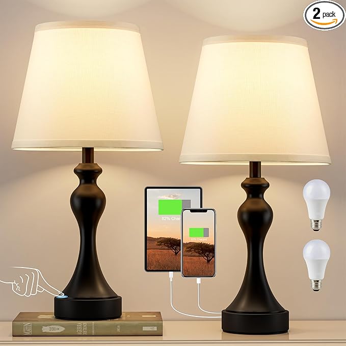 Seealle Touch Lamps for Nightstand - Bedside Lamps Set of 2, 3 Way Dimmable, USB C+A for Bedroom & End Tables (White&Black)
