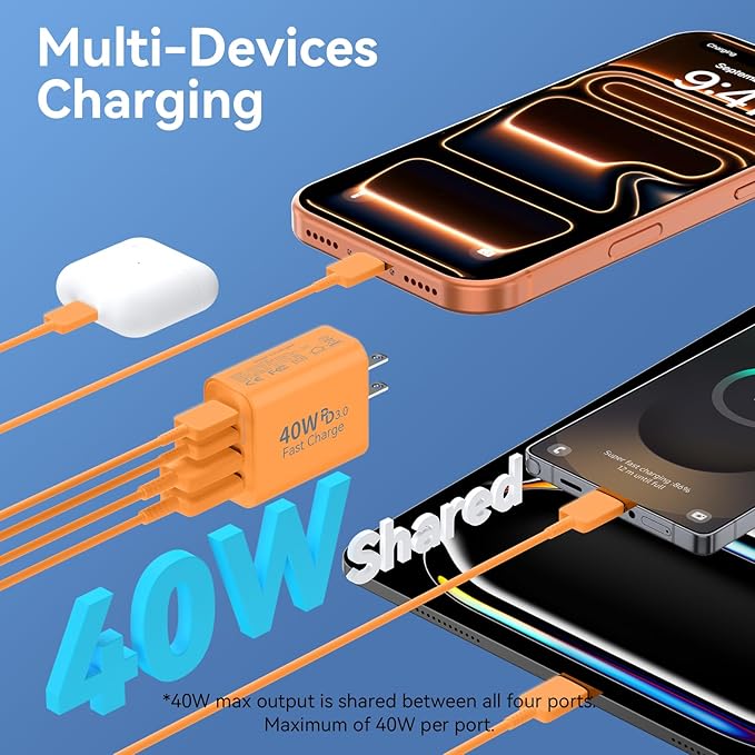 USB C Charger Block, 40W 4 Ports Type C Fast Phone Charging Blocks Cube PD USBC Wall Plug+QC 3.0 USB A Charger Brick Box Power for iPhone 17/16/15/14/13/12 Pro Max, iPad, Galaxy, Pixel, Orange