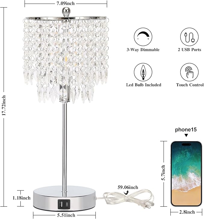 Crystal Table Lamp Set of 2 Touch Control, Crystal Lamps with USB Ports Elegant Shade Bedside Lamp Silver, Dimmable Touch Table Lamp for Nightstand Bedroom Living Room, 4W LED Bulb Included
