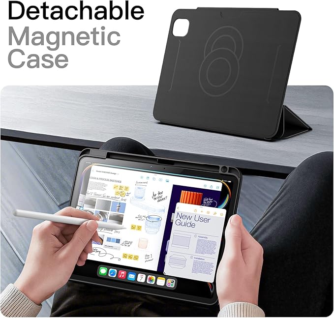JETech Magnetic Detachable Case for iPad Pro 11-Inch M5/M4 (2025/2024) with Pencil Holder, Removable Rotating Clear Cover, Portrait/Landscape Stand with Raised Screen View (Black)
