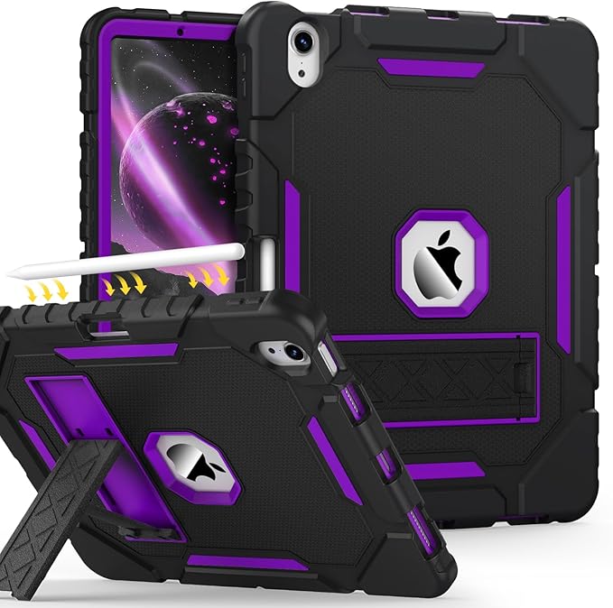 Grifobes Case for iPad Air 11-inch (M4/M3/M2) 2026/2025/2024, for iPad Air 5th/4th Generation 2022/2020 10.9", Heavy Duty Rugged Cover with Stand/Pencil Holder for i Pad Air 5 4 Gen(Black+Purple)