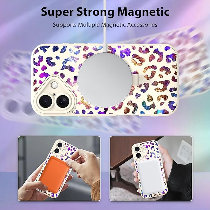 KANGHAR Compatible with iPhone 16 Case, Support for MagSafe, Silicone Cute Iridescent Leopard Cheetah Pattern, Wristband Kickstand Shockproof Protective Slim Cover for Women Girls, White