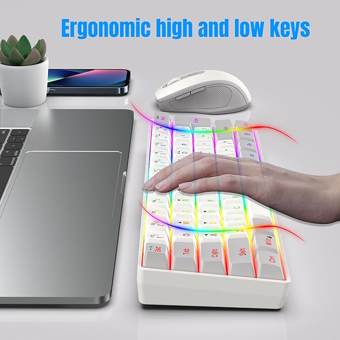 Snpurdiri 2.4G Wireless Gaming Keyboard and Mouse Combo, Include Mini 60% Mechanical Feel RGB Backlit Keyboard, Ergonomic Vertical Feel Small Wireless Mouse(Grey and White)