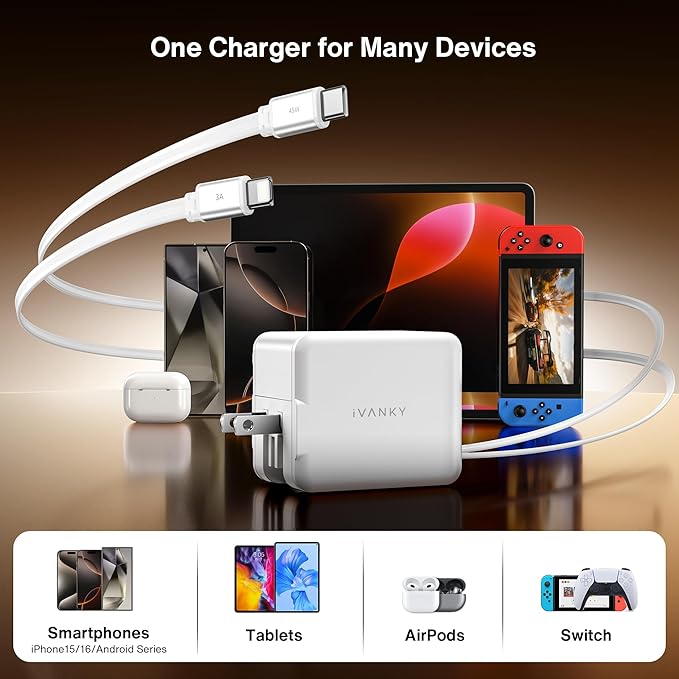 iVANKY Smallest 4-in-1 Retractable GaN Wall Charger for iPhone 17 Air, 45W USB C Charger Block with Dual USB C Cables, Fast Charging Samsung, 4-Port Adapter for 16/15/14 Pro Max, MacBook Neo