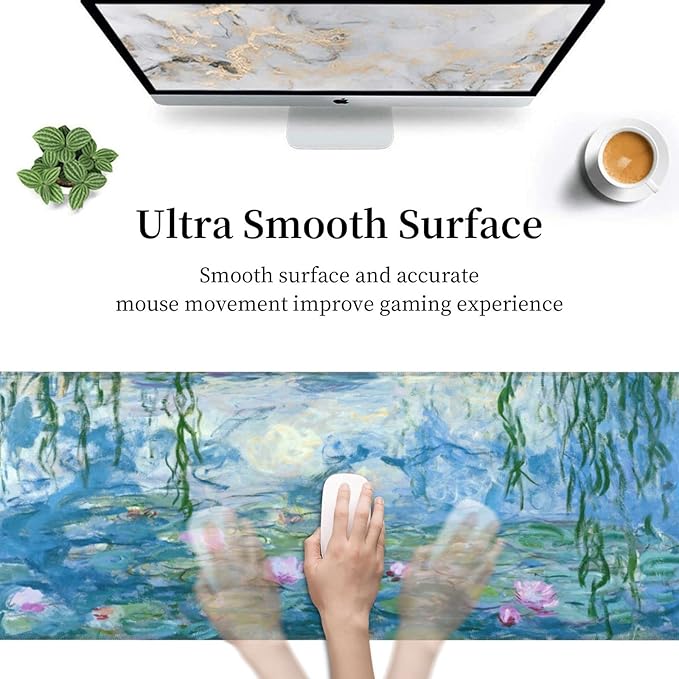 Mouse Pad Stitched Edge XL Large Mousepad 31.5" X 12" Rubber Base Non Slip Desk Mat for Laptop Pc Computer Gaming Monet Water Lilies