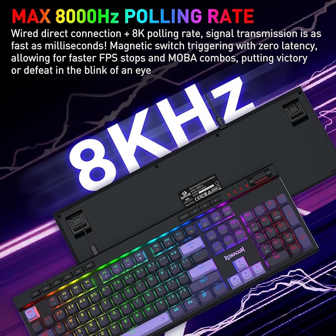 Redragon K580 HE Rapid Trigger Gaming Keyboard, 100% 104 Keys Wired Mechanical Keyboard w/Hyper-Fast Actuation, 8K Hall Effect Magnetic Switch, Dedicated Media Controls, Onboard Macro Recording