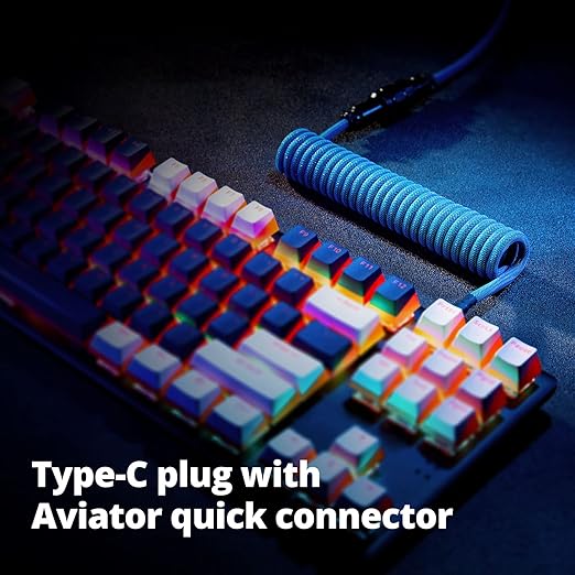 GUNMJO Pro Custom Coiled USB C Cable for Gaming Keyboard, Double-Sleeved Mechanical Keyboard Cable with Detachable Metal Aviator, 1.5M USB-C to USB-A, Blue Color