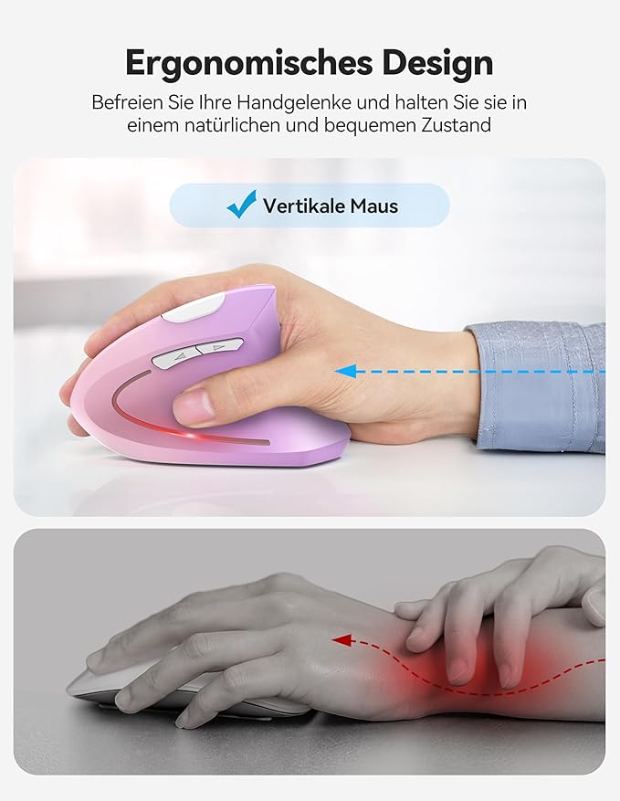 TECKNET Ergonomic Mouse Rechargeable Bluetooth - 4800 DPI Vertical Mice 6 Adjustable Levels, Wireless Optical Carpal Tunnel Mouse Right Hand, Multi Device for Laptop, PC, Computer - Pink Purple