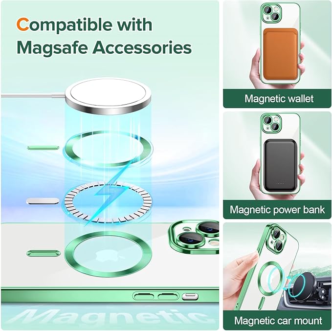 Hython Magnetic Clear for iPhone 13 Case with Camera Lens Protector [Compatible with MagSafe] Luxury Plating Edge Slim Soft TPU Cover Protective Phone Case for iPhone 13 6.1", Light Green