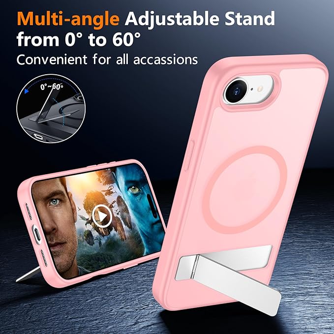 SPIDERCASE Magnetic for iPhone 17e Case for iPhone 16e Case, with [3 Stand Ways] [Military Grade Drop Protection] Invisible Stand Shockproof Slim Case for iPhone 17e/16e 6.1 inch, Light Pink