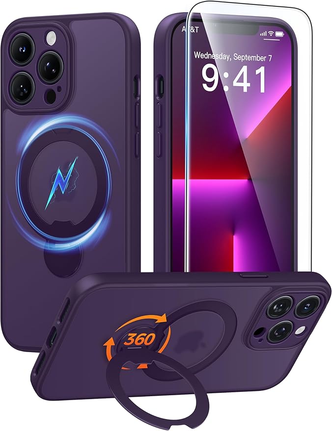 FNTCASE for iPhone 13 Pro-Max Case: [360 Spin Magnetic Stand] [Compatible with Magsafe] [Screen Protector] Translucent Matte Military Grade Shockproof Full Camera Protective Phone Cover - Purple