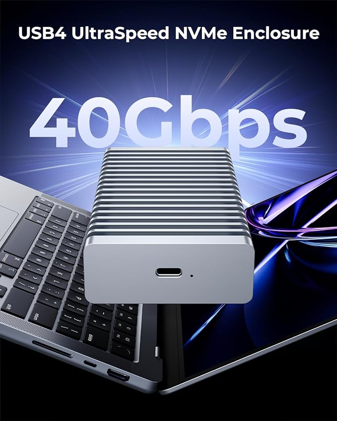 RayCue 40Gbps M.2 NVMe Enclosure with Aluminum Double-Sided Fin Heat Dissipation, External SSD Case for Mac, Windows, Compatible with USB 4/3.2/2.0 (Includes 1TB SSD)