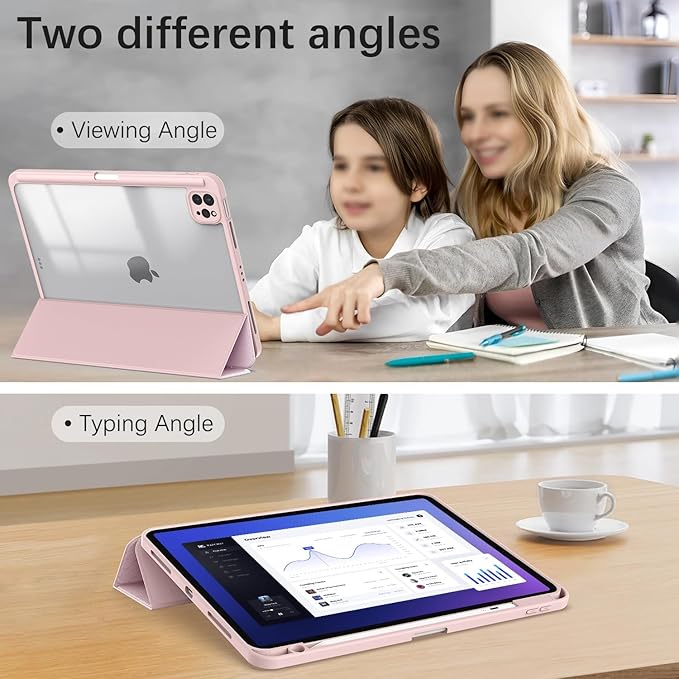 Case for iPad Pro 11 inch 4th/ 3rd/ 2nd / 1st Generation (2022/2021/2020/2018), Case with Pencil Holder, Clear Back Cover Cute Cool Design for Women Girls, Auto Sleep/Wake, Pink White Flower