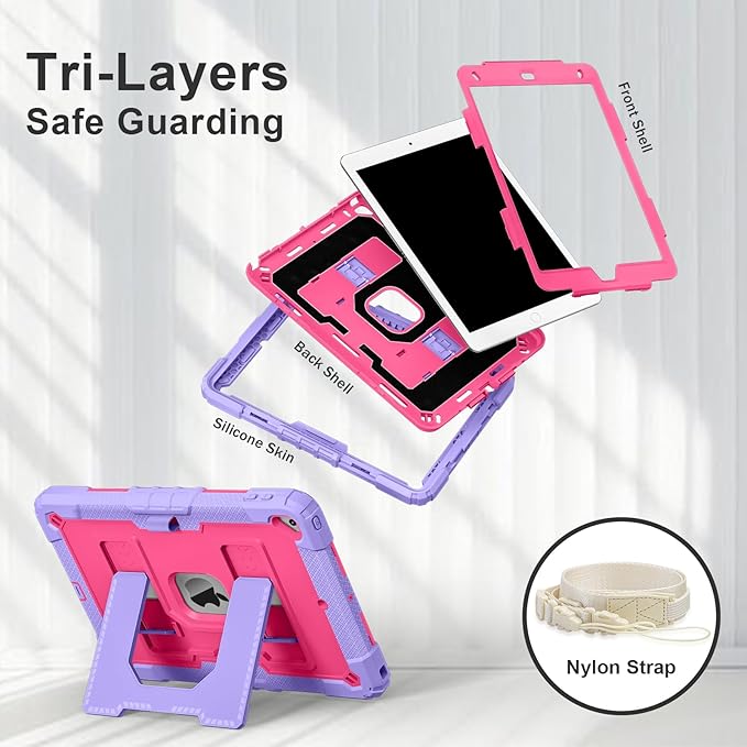 Kids Friendly Case for Apple iPad 10.2" 9th 8th 7th Generation 2021/2020/2019 Case with Pencil Holder & Shoulder Strap, Military Grade Shockproof Kickstand Hard Shell Protective Cover,Rose+Purple
