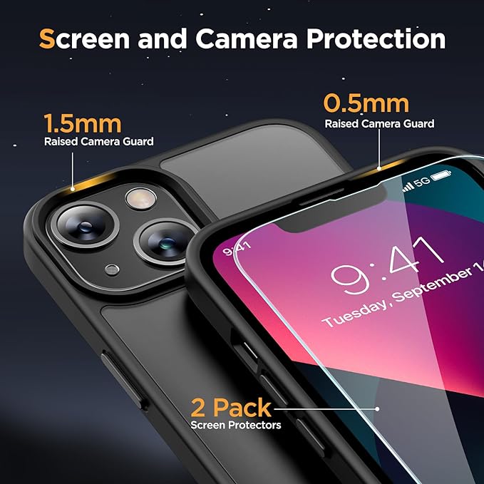 Miracase Magnetic for iPhone 13 Case 6.1 inch (Compatible with MagSafe)（with 2X Screen Protectors） Military-Grade Protection, Anti-Fingerprint Translucent Matte Phone Case Cover, Black