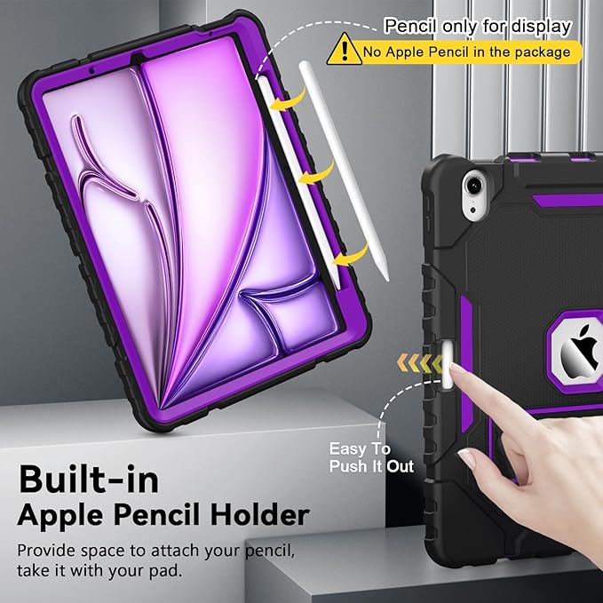 Grifobes Case for iPad Air 11-inch (M4/M3/M2) 2026/2025/2024,for iPad Air 5th/4th Generation 2022/2020 10.9",Heavy Duty Rugged Cover with Stand/Pencil Holder for Pad Air 5 4(Black+DeepPurple)
