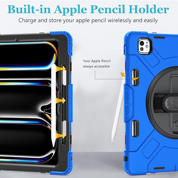 Case for iPad Pro 13 Inch M5 2025/ M4 2024: Military Grade Cover for iPad Pro 13" with Screen Protector - Stand - Handle - Shoulder Strap - Pencil Holder- Blue