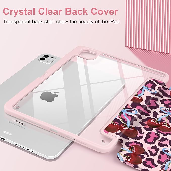 TWOLSKOO Case for iPad Pro 11-inch (M5 2025 / M4 2024), Clear Acrylic Back with TPU Bumper, Pencil Holder, Trifold Stand, Auto Sleep/Wake, Bows & Cherries