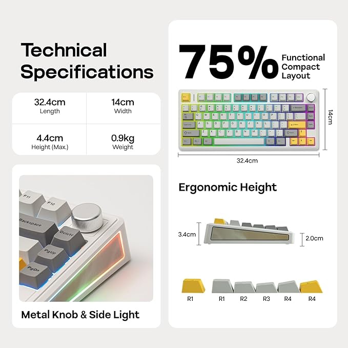 EPOMAKER TH80 V2 75% Wireless Mechanical Keyboard with Metal Knob, 8000mAh, 2.4Ghz/BT/USB-C, RGB, Hot Swap, Custom Driver, PBT Keycap, Wireless Gaming Keyboard for PC/Mac (White, Creamy Jade)