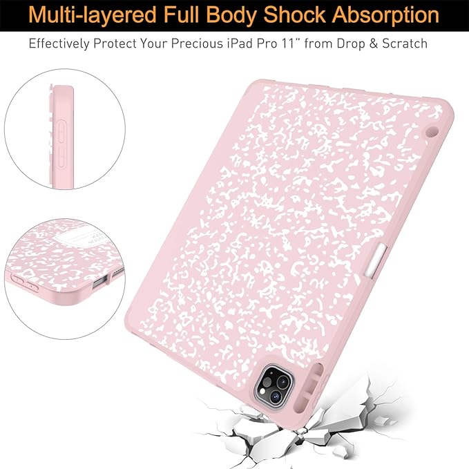 Soke for iPad Pro 11 Case (M2) 2022/2021/2020 with Pencil Holder - [Full Body Protection + Apple Pencil Charging + Auto Wake/Sleep], Soft TPU Back Cover for 2022 iPad Pro 11 inch(Book Pink)