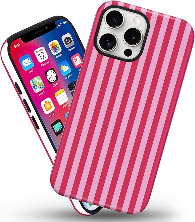Magnetic for iPhone 16 Pro Max Case Cute Stripes Phone Case, Shockproof Slim TPU and Hard PC Protective Phone Cover Compatible with MagSafe Designed for Women Girls, Red and Pink